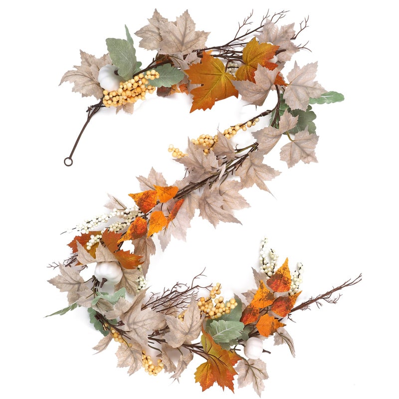 winemana Fall Garland Decor Maple Leaves Garlands Decorations for Home with Pumpkins 6FT Autumn Thanksgiving Decoration for Indoor Outdoor Mantel Fireplace Farmhouse Porch Table