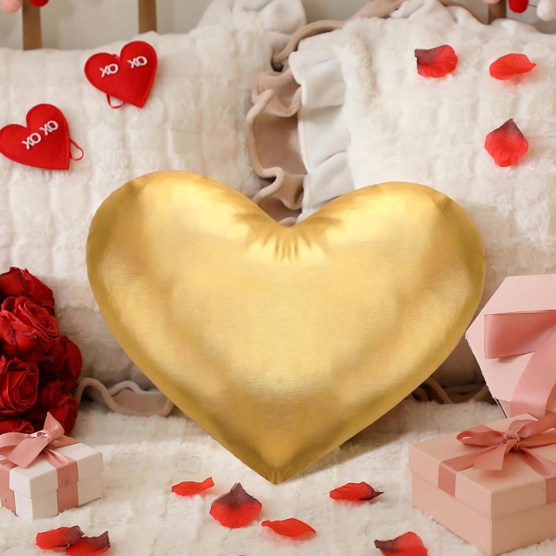 Yookeer Valentine's Day Heart Shaped Pillow 14 x 12 Inch Metallic Leather Throw Pillows Solid Soft Shiny Cushion for Women Valentine Wedding Anniversary Decor for Bed Couch(Gold) - Image 1