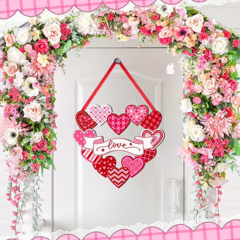 Britimes Valentineâ€™s Day Love Heart Welcome Door Sign Valentine Wooden Hanging Decorations Wall Art Decor Red Heart Rustic Farmhouse Front Door Sign Romantic Home Wedding Outdoor Holiday Decor - Image 2