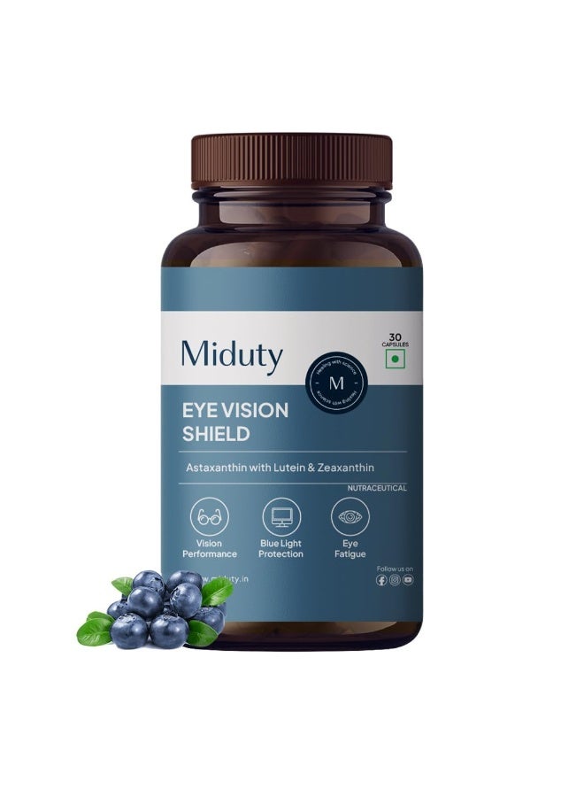 Miduty Eye Vision Shield Supplement for Dry Eyes | Bilberry Fruit Extracts 80mg, Vitamin A 300mcg, Lutein 20mg & Zeaxanthin, Astaxanthin, Lycopene | Eye Vitamin for Blurry Vision - 30 Capsules - Image 1