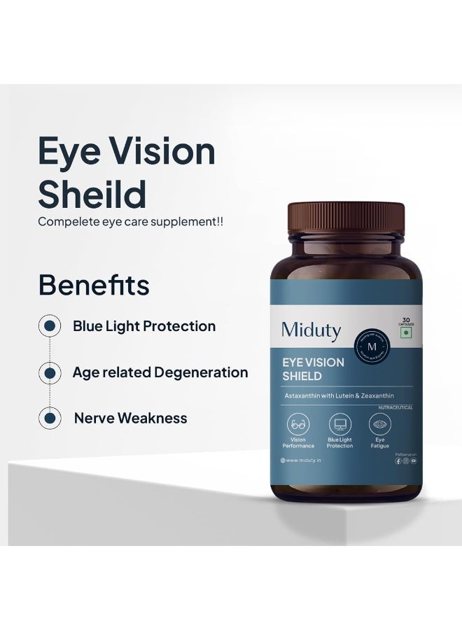 Miduty Eye Vision Shield Supplement for Dry Eyes | Bilberry Fruit Extracts 80mg, Vitamin A 300mcg, Lutein 20mg & Zeaxanthin, Astaxanthin, Lycopene | Eye Vitamin for Blurry Vision - 30 Capsules - Image 3