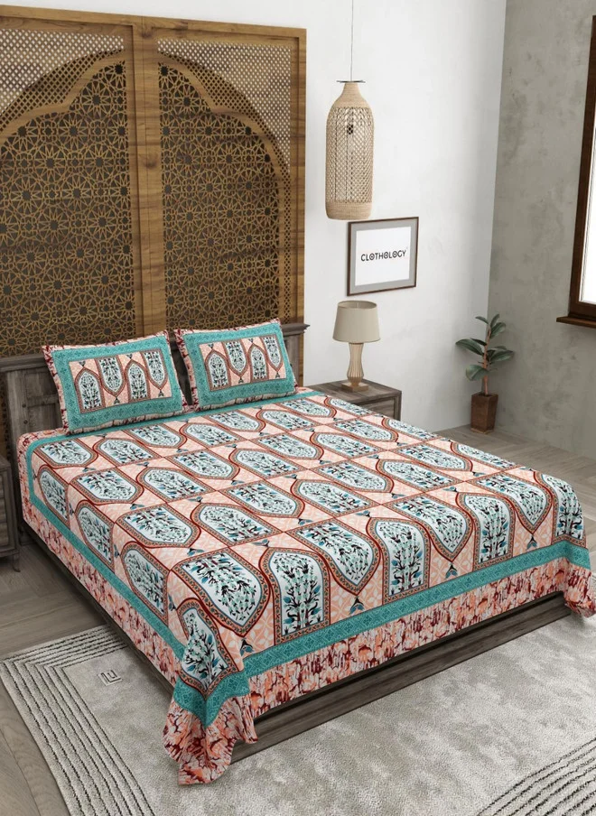 CLOTHOLOGY CLOTHOLOGY Orange & Blue Floral Cotton 180 TC King Bedsheet Set 2.75m x 2.25m