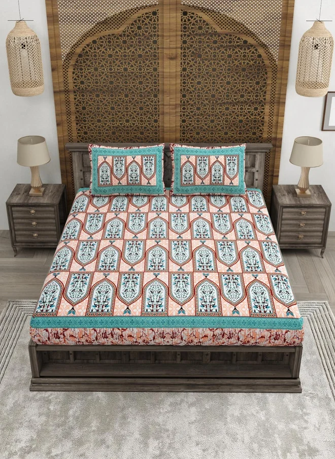 CLOTHOLOGY CLOTHOLOGY Orange & Blue Floral Cotton 180 TC King Bedsheet Set 2.75m x 2.25m