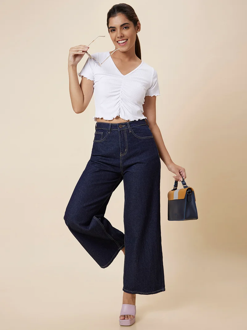 Women White V-Neck Ruched Crop Top