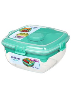 sistema Sistema Salad Max To Go 1.63L ,Stackable & portable salad storage box, cutlery included & divided trays with easy locking clips. Its Microwave, Dishwasher Safe & BPA Free. Green Clip  - Image 1