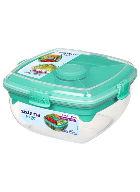 Sistema Salad Max To Go 1.63L ,Stackable & portable salad storage box, cutlery included & divided trays with easy locking clips. Its Microwave, Dishwasher Safe & BPA Free. Green Clip