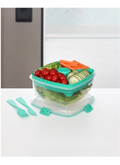 sistema Sistema Salad Max To Go 1.63L ,Stackable & portable salad storage box, cutlery included & divided trays with easy locking clips. Its Microwave, Dishwasher Safe & BPA Free. Green Clip  - Image 4