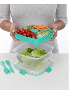 sistema Sistema Salad Max To Go 1.63L ,Stackable & portable salad storage box, cutlery included & divided trays with easy locking clips. Its Microwave, Dishwasher Safe & BPA Free. Green Clip  - Image 3