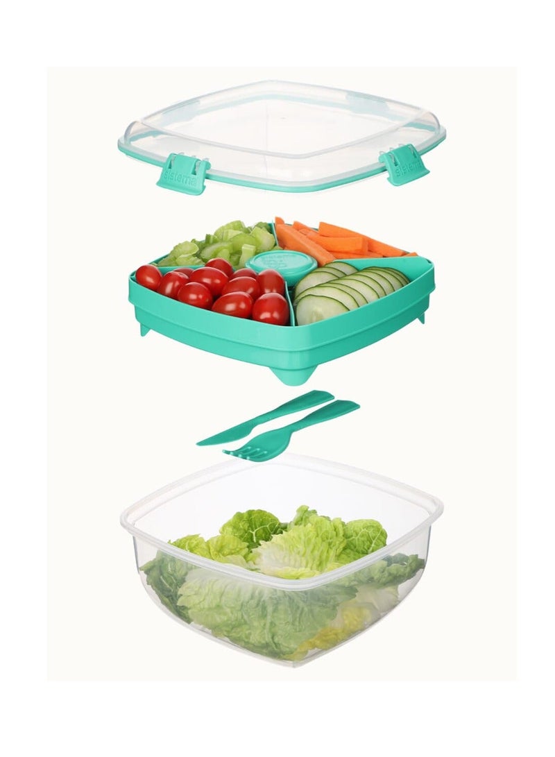 Sistema To Go Salad Max 1.63L Teal – BPA Free Large Salad Container with Dressing Pot & Leak-Resistant Locking Lid, Reusable Lunch Box for Meal Prep, Office, School, Travel & Healthy Eating - Image 4