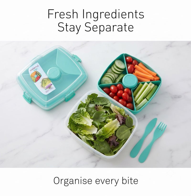 Sistema To Go Salad Max 1.63L Teal – BPA Free Large Salad Container with Dressing Pot & Leak-Resistant Locking Lid, Reusable Lunch Box for Meal Prep, Office, School, Travel & Healthy Eating - Image 5