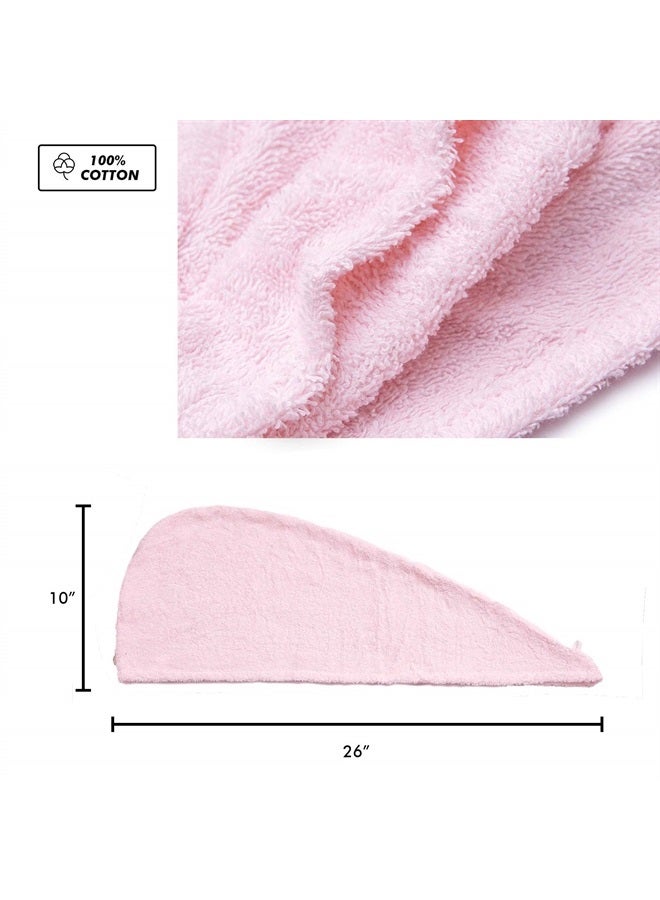 Hair Towel Wrap Quick Dry 100% Cotton Super Absorbent Turban Head Wrap for Women with Button, Non Microfiber Anti Frizz Hair Products, Hair Cap for Curly, Long & Thick Hair (Pink, 1 Pc)