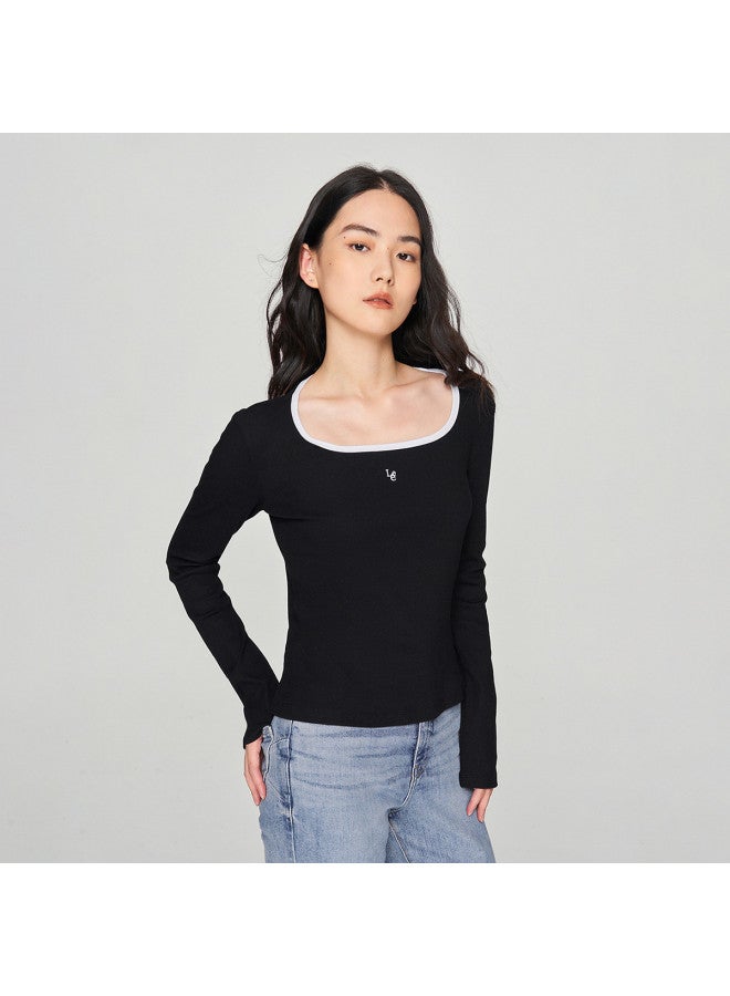 Lee Mall Same Style 24 Spring Slim-Fit Contrast Collar Women'S Long Sleeve T-Shirt Casual - Image 2