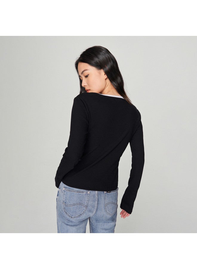 Lee Mall Same Style 24 Spring Slim-Fit Contrast Collar Women'S Long Sleeve T-Shirt Casual - Image 3