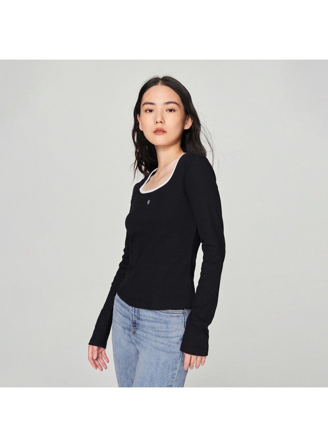 Lee Mall Same Style 24 Spring Slim-Fit Contrast Collar Women'S Long Sleeve T-Shirt Casual - Image 5