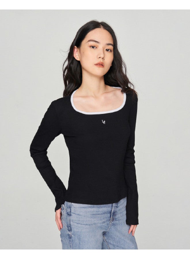 Lee Mall Same Style 24 Spring Slim-Fit Contrast Collar Women'S Long Sleeve T-Shirt Casual - Image 1