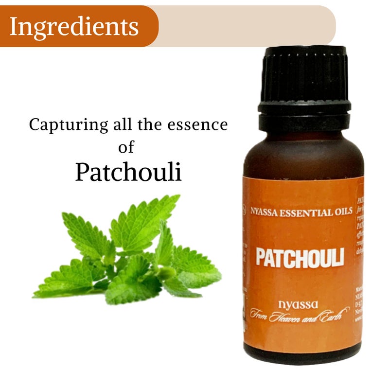 Nyassa Patchouli Essential Oil 20ml known for its antibacterial & skin rejuvenation property. Pure and Natural with no Parabens, Silicons, Petroleum. Aromatherapy oil known to have relaxing benefits. - Image 3