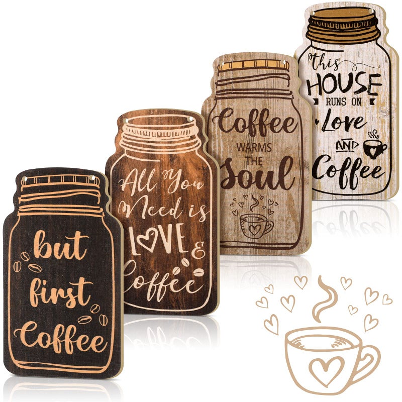 Jetec 4 Pieces Fall Coffee Bar Decor Farmhouse Wood Sign Wall Hanging Plaque But First Coffee Mason Jar Table Plaque for Home Office Kitchen Wall DecorClassic Style