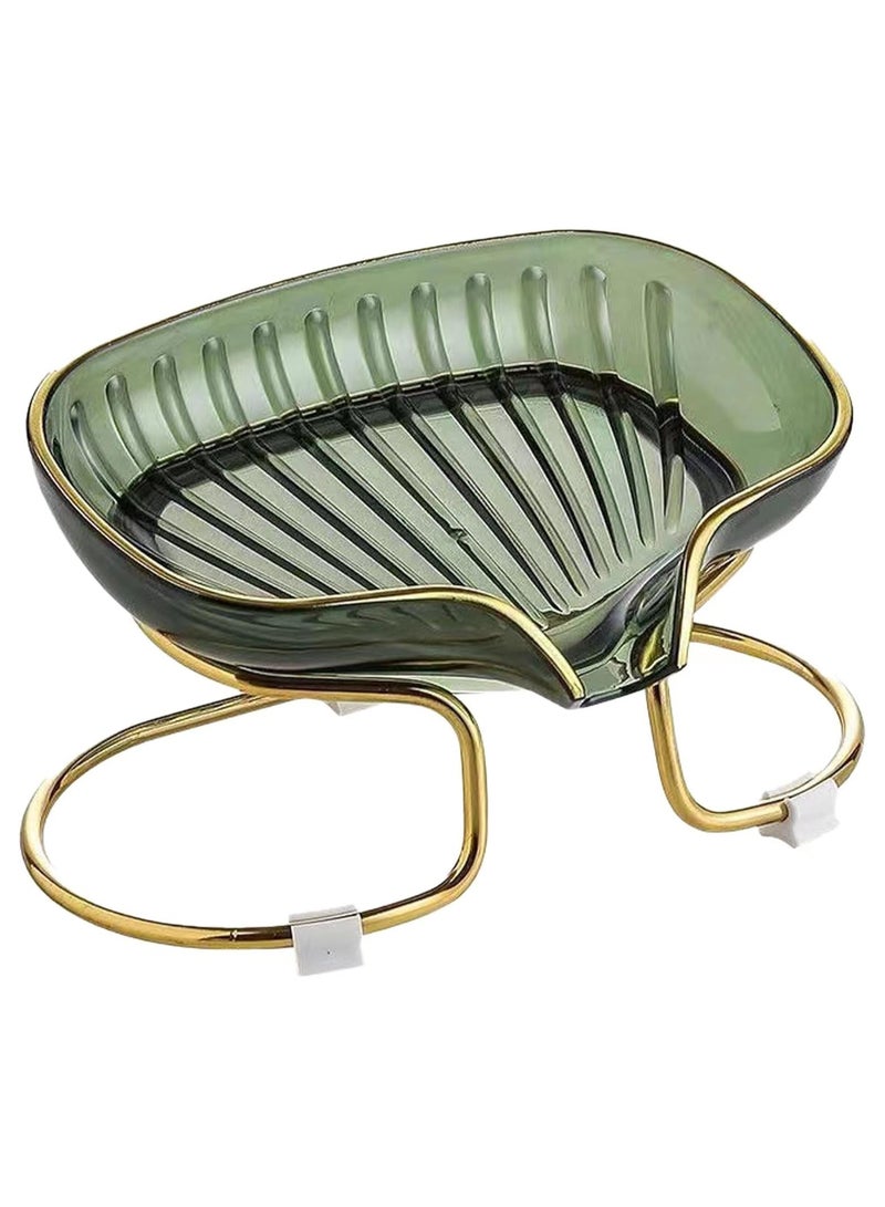 Generic Elegant Soap Dish with Drain – Luxury Leaf-Shaped Glass Soap Holder with Gold Metal Stand – Bathroom Sink Organizer for Bar Soaps & Sponges – Non-Slip & Decorative Design - Image 1