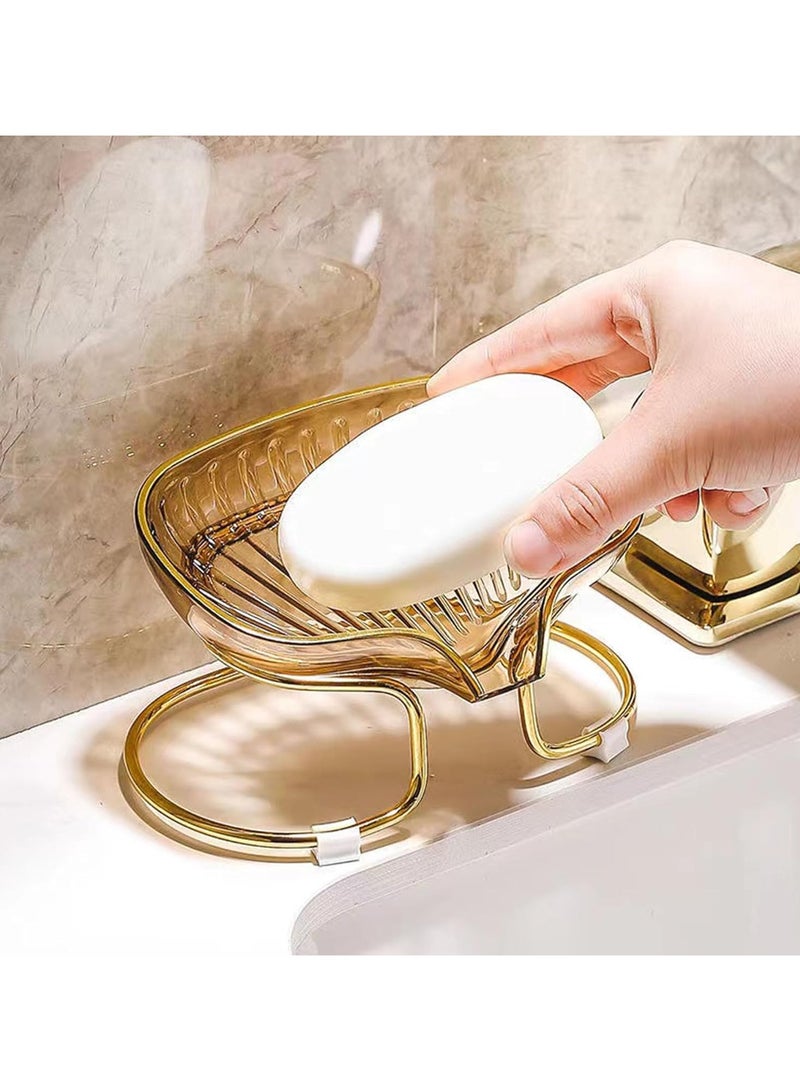 Generic Elegant Soap Dish with Drain – Luxury Leaf-Shaped Glass Soap Holder with Gold Metal Stand – Bathroom Sink Organizer for Bar Soaps & Sponges – Non-Slip & Decorative Design - Image 2