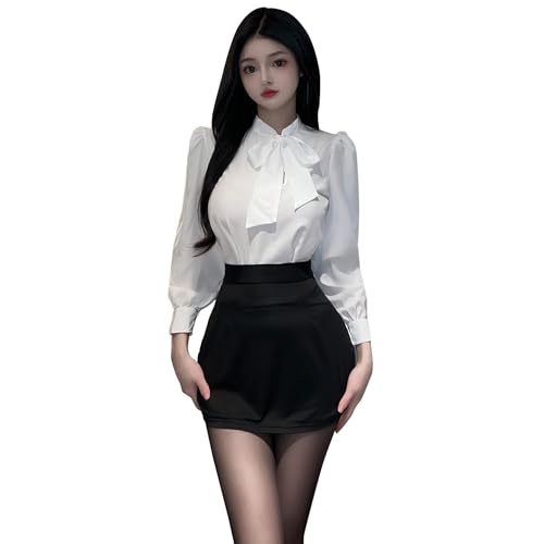 SINMIUANIME Women's Sexy Cosplay Lingerie Set Office Secretary Uniform Naughty Teacher Costume Short Skirt With Socks (2516White Black) - Image 1