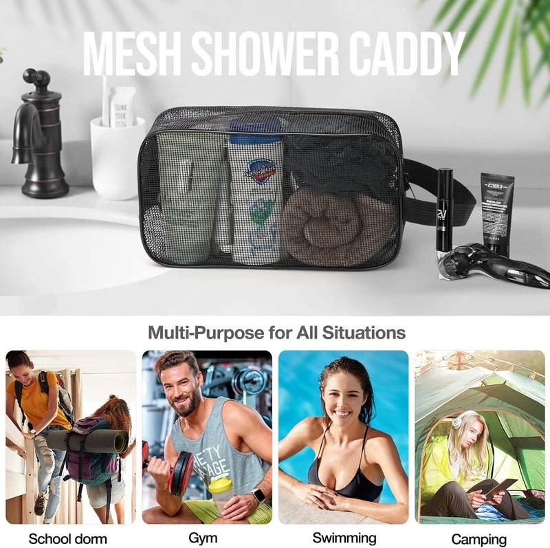 Gocvo Mesh Shower Caddy Mash Shower Bag Black Portable Mesh Accessories Organizer Tote for Gym College Dorm Room (Black) - Image 2