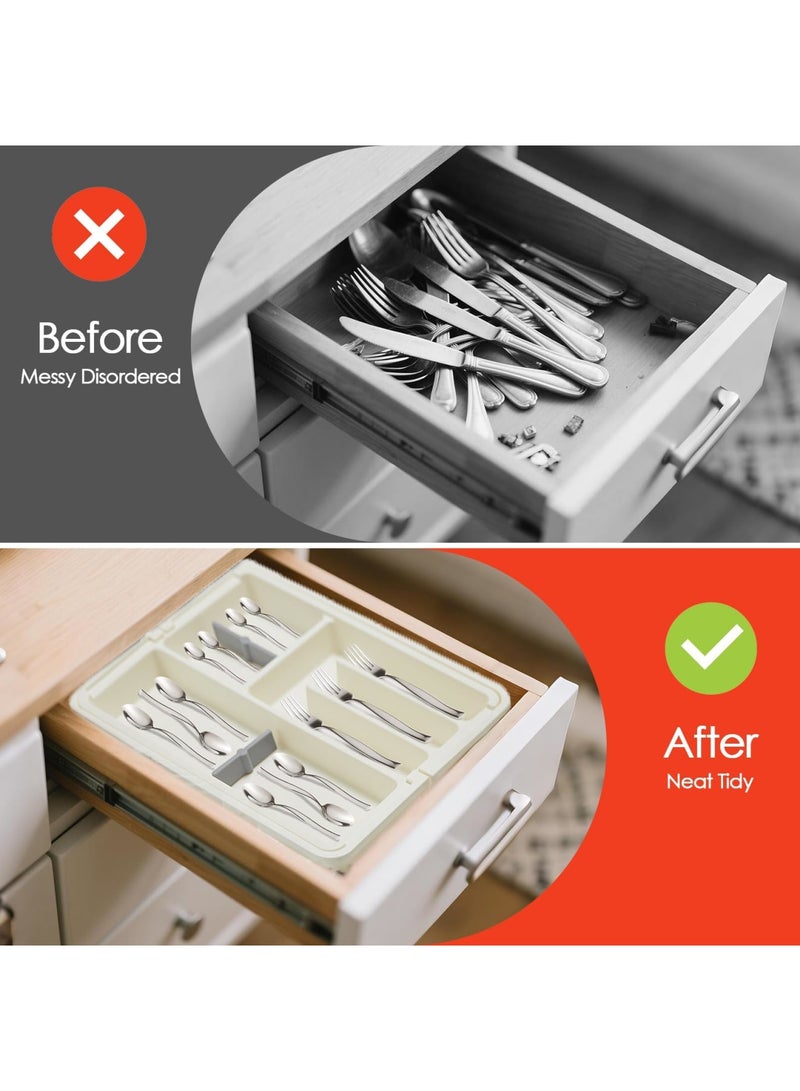 Barakah Expandable Silverware Organizer for Drawers, Adjustable Cutlery Tray with Customizable Dividers, Large Capacity Utensil Holder for Forks Spoons Knives, Kitchen & Home Storage Organizer (White) - Image 3