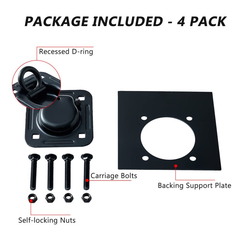 Lonffery 4 Pack Recessed D-Ring Tie Down Anchors (6,000 lb. Capacity), Heavy Duty Kit for Trailer or Deliveries, Black - Image 2