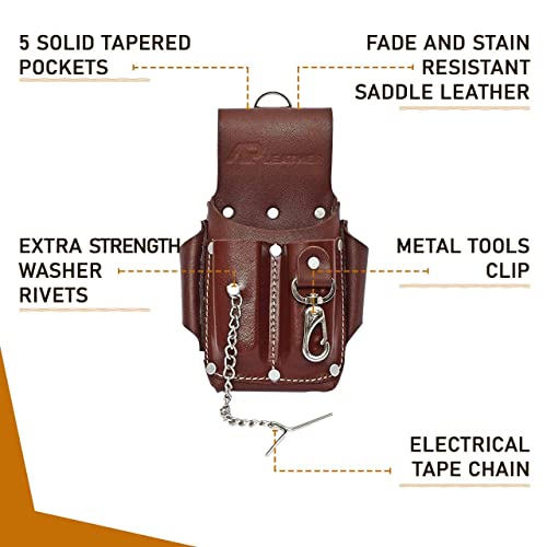 AP LEATHER Ap-Leather Pro-5 Electrician Pouch, Leather Tool Pouch, 5 Pocket Pouch with Electrical Tape Holder, Durable Compartments, Tool Pouch with Belt Clip, Dark Brown - Image 5
