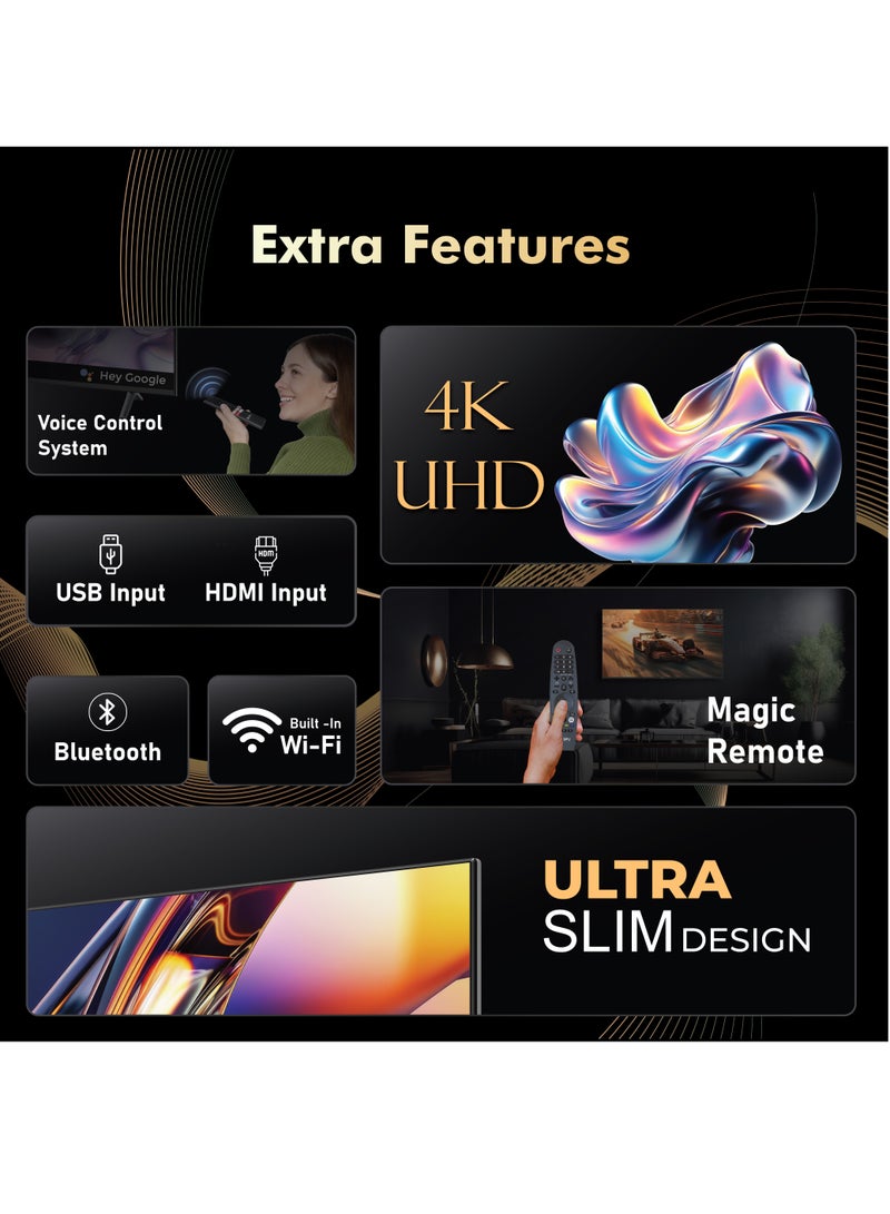 SPJ 75 Inch 4K Ultra QLED Smart WebOS TV With Qled with wall brackets, Dolby Audio, Magic Remote, Apple AirPlay, WIFI/HDMI/USB Ports, WebOS Smart TV, Apps - YouTube/Netflix/Twitch - Black - Image 2