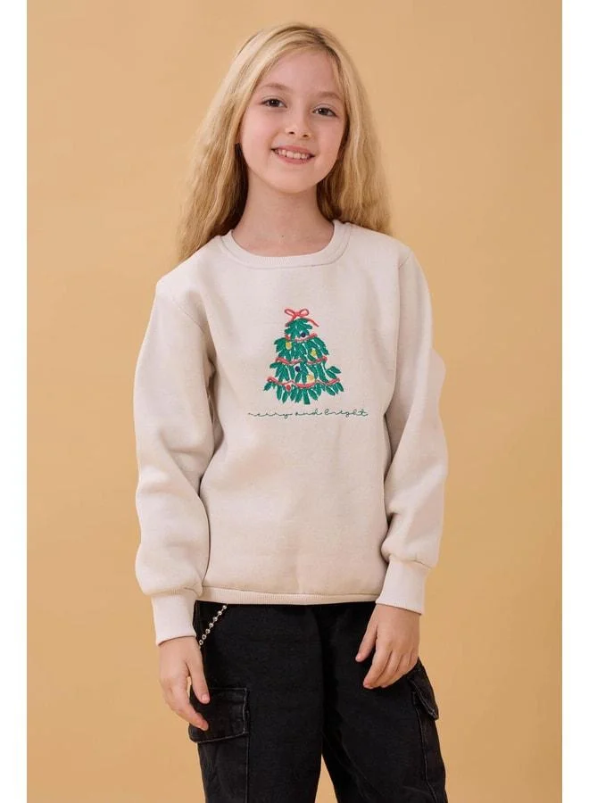 Perendi Girl's Bicycle Collar Embroidered Detailed Winter Sweatshirt – Stone.