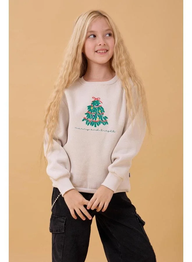 Perendi Girl's Bicycle Collar Embroidered Detailed Winter Sweatshirt – Stone.