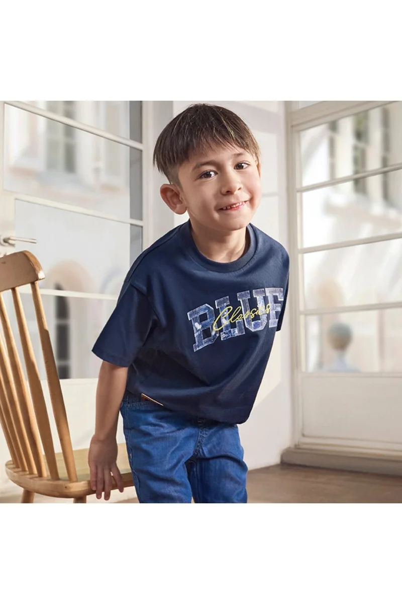 جيوردانو تي شيرت أزرق داكن مطبوع للأولاد