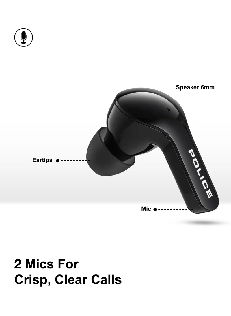 POLICE FOS I Earbuds with Environmental Noise Cancellation, Dual Microphone, 8mm Driver, Type-C Charging & Bluetooth 5.3, Black - IPX4