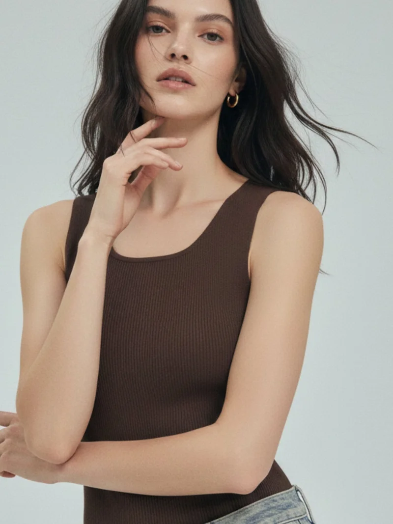 Brown Scoop Neck Basic Tank