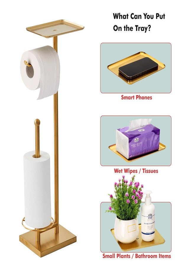 Sfemn Toilet Paper Holder with Tray at The Top, Heavy-Weighted Base No Wobbly, Freestanding Toilet Paper Rolls Stand, Hold Extra 3 Paper Rolls On The Base (Gold) - Image 3