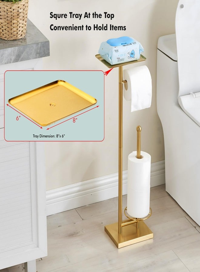 Sfemn Toilet Paper Holder with Tray at The Top, Heavy-Weighted Base No Wobbly, Freestanding Toilet Paper Rolls Stand, Hold Extra 3 Paper Rolls On The Base (Gold) - Image 2