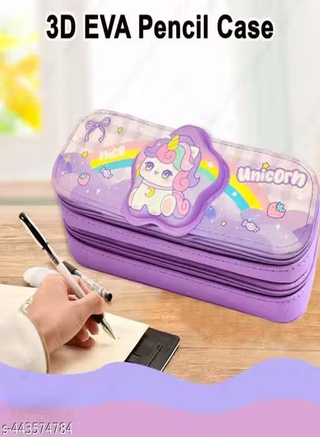 SID MAGIC Double Layer Pencil Case Set, Cute Animal Design Stationery Pouch 3D Cute Pencil Case for Unisex Aesthetic Pen Pouch - Multifunctional Stationery Organizer for School (Unicorn) - Image 3