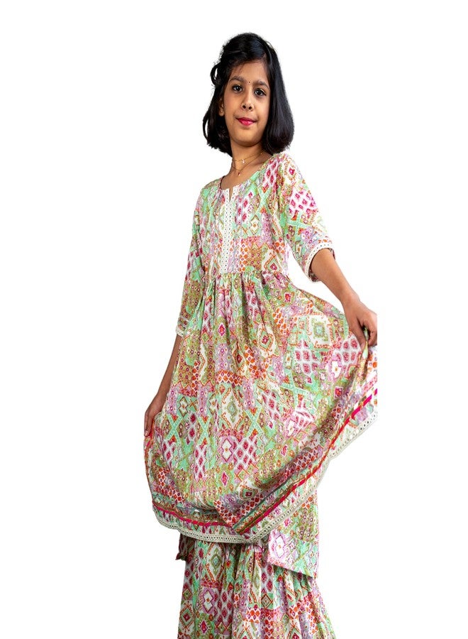 VeraA Cotton Anarkali Sharara Set for Girls, Gotta Patti Ethnic Dress, Traditional Outfit for Kids, Printed Indian Wear Suit Set with Bottom, Perfect for Pooja & Wedding Occassions (6-7 Years) - Image 1