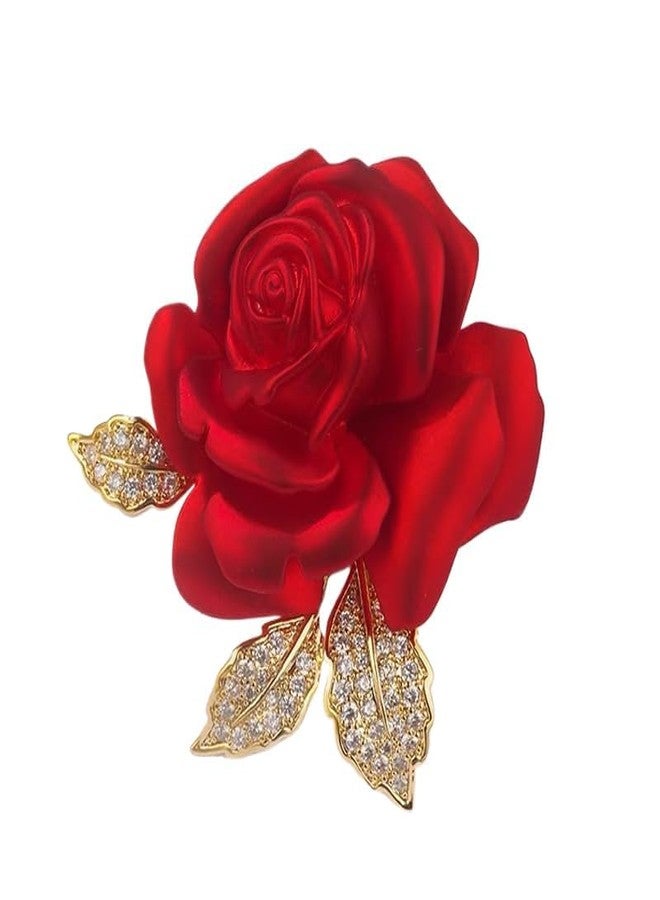BharatBazaar Enamel Rose Flower Brooch Pin for Women Girls Gold Plated Elegant Crystal Red Creative 3D Saree Pins Floral Dainty Dress Suit Accessories Holiday Christmas Birthday Jewelry - Image 1