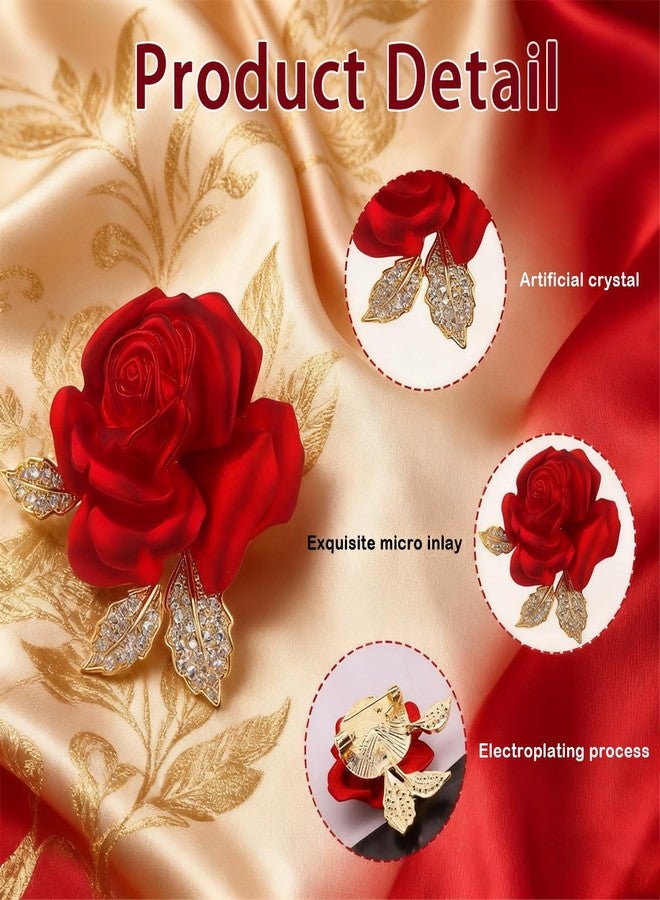 BharatBazaar Enamel Rose Flower Brooch Pin for Women Girls Gold Plated Elegant Crystal Red Creative 3D Saree Pins Floral Dainty Dress Suit Accessories Holiday Christmas Birthday Jewelry - Image 3