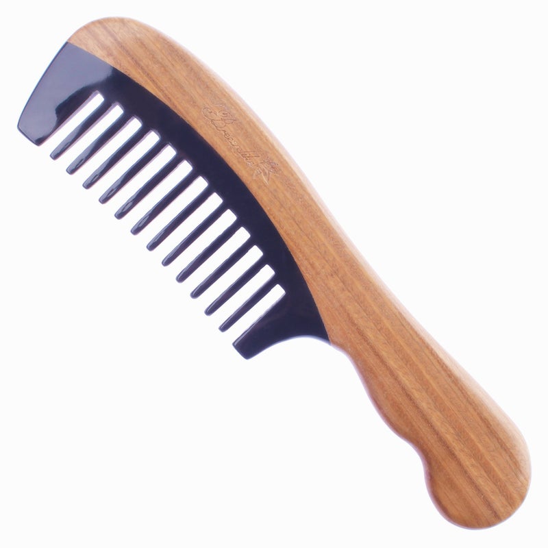 Breezelike Sandalwood Hair Comb  Wavy Handle Wide Tooth Comb for Women  No Static Wooden Black Buffalo Horn Comb for Detangling
