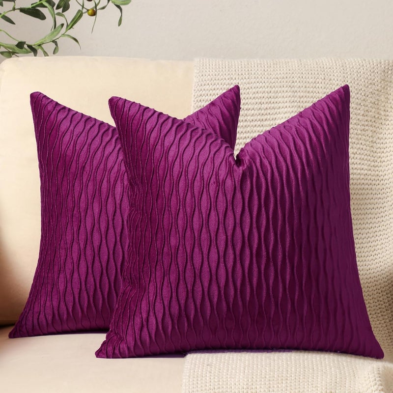 DEZENE 16x16 Purple Throw Pillow Cases 2 Pack Original Striped Velvet Square Decorative Pillow Covers for Farmhouse Couch