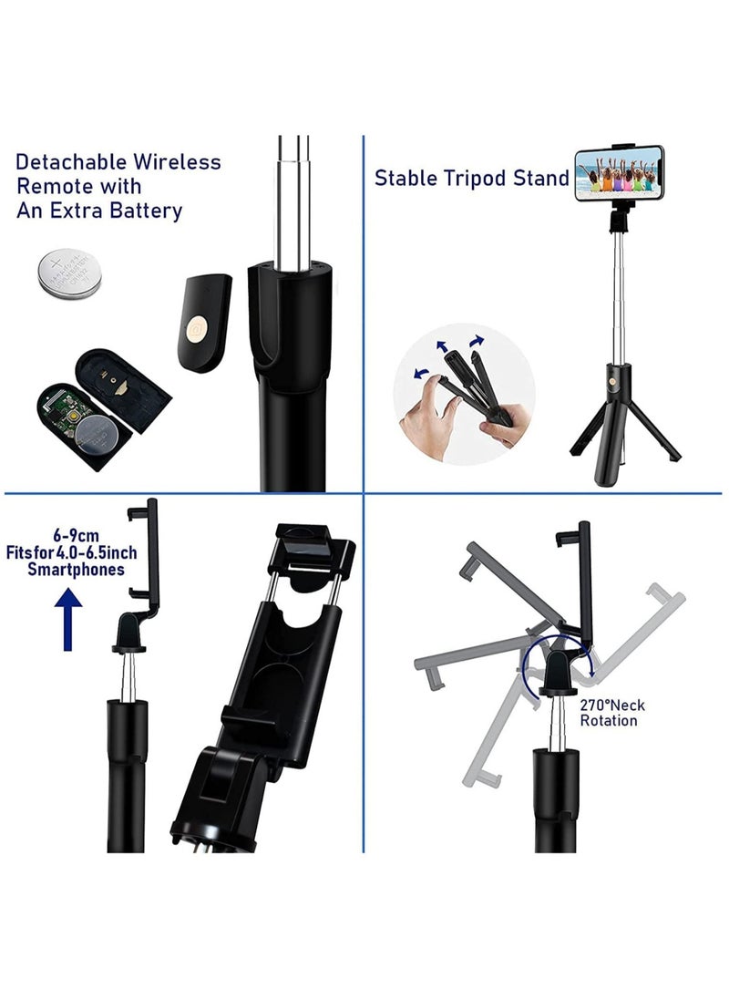 Selfie Stick Tripod, Extendable 3 in 1 Aluminum Bluetooth Selfie Stick with Wireless Remote and Tripod Stand for iPhone 13/13 Pro/12/11/11 Pro/XS Max/XS/XR/X/8/7, Samsung Smartphones, Black