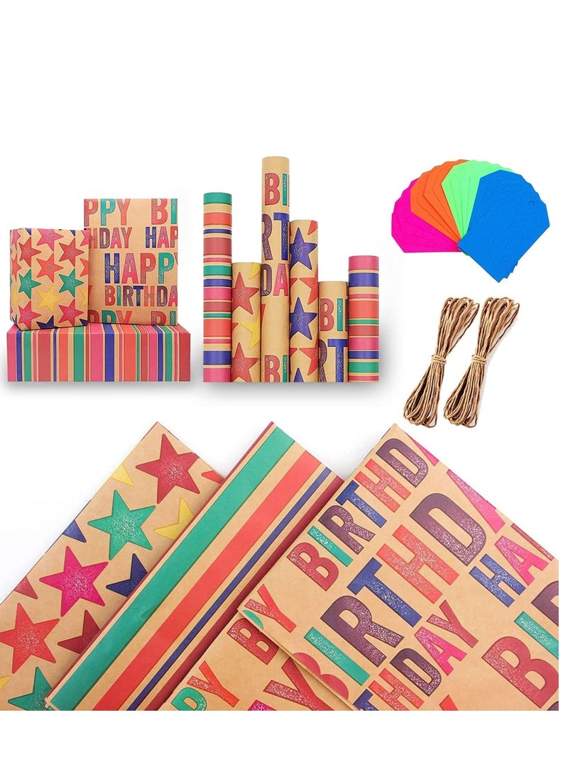SYOSI Ramadan Gift Wrapping Paper 3 Designs Happy Birthday Rainbow Stripes and Stars with Fluorescent Labels, Jute Rope, Suitable for Christmas NEW Year All Gift Packaging Occasions - Image 1