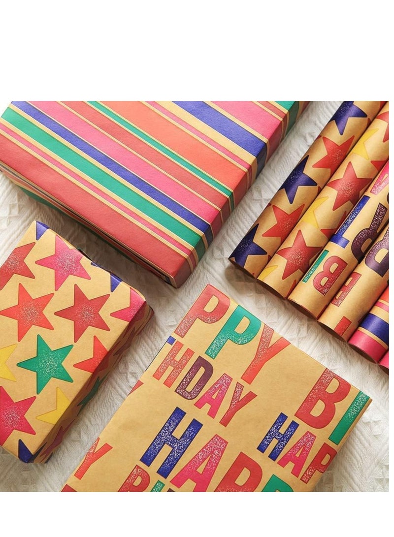 SYOSI Ramadan Gift Wrapping Paper 3 Designs Happy Birthday Rainbow Stripes and Stars with Fluorescent Labels, Jute Rope, Suitable for Christmas NEW Year All Gift Packaging Occasions - Image 2