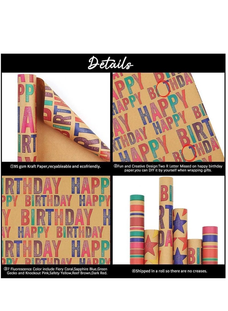 SYOSI Ramadan Gift Wrapping Paper 3 Designs Happy Birthday Rainbow Stripes and Stars with Fluorescent Labels, Jute Rope, Suitable for Christmas NEW Year All Gift Packaging Occasions - Image 4