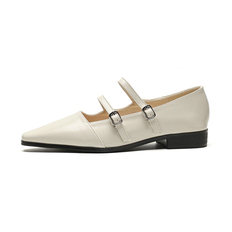 Elegant Pointed Toe Mary Janes Chunky Heel Pumps for Women Apricot 
