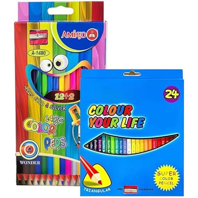 Amigo 38 PCS COLORED PENCIL COMBO SET WITH 2 SHARPENERS INCLUDES 24 PCS AND 14 PCS PACKS SOFT CORE DRAWING PENCILS WITH TRIANGULAR GRIP FOR SCHOOL ART SKETCHING AND CREATIVE PROJECTS - Image 1