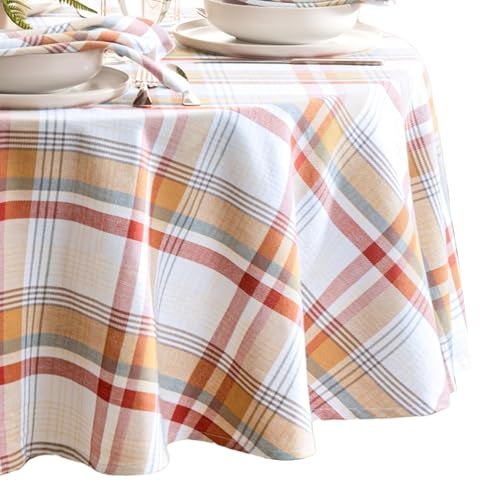 Elrene Home Fashions Seneca Plaid FallHarvestThanksgiving Cotton Round Tablecloth 70x70 - Image 1