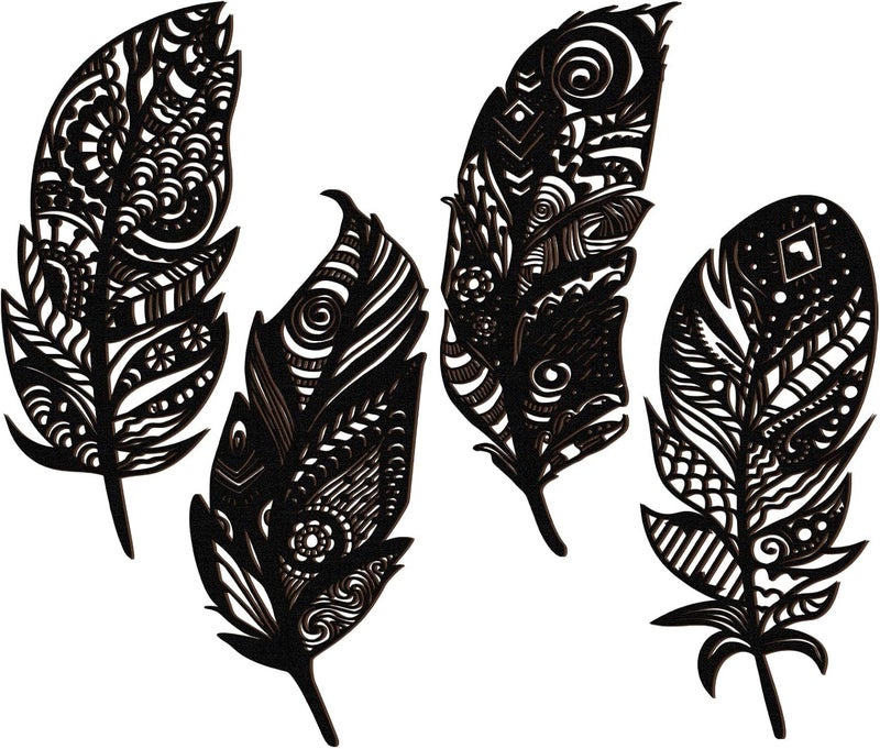 Qunclay 4 Pieces Feather Wall Decor Wooden Feather Wall Art Boho Wall Decor Laser Cut Hanging Mandala Large Rustic Farmhouse Wood Sign for Home Living Room Bedroom Bathroom KitchenBlack - Image 1